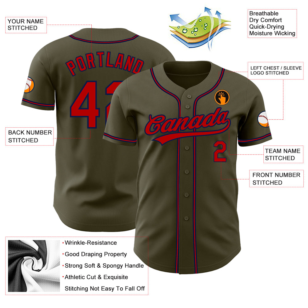 Custom Olive Red-Navy Authentic Salute To Service Baseball Jersey