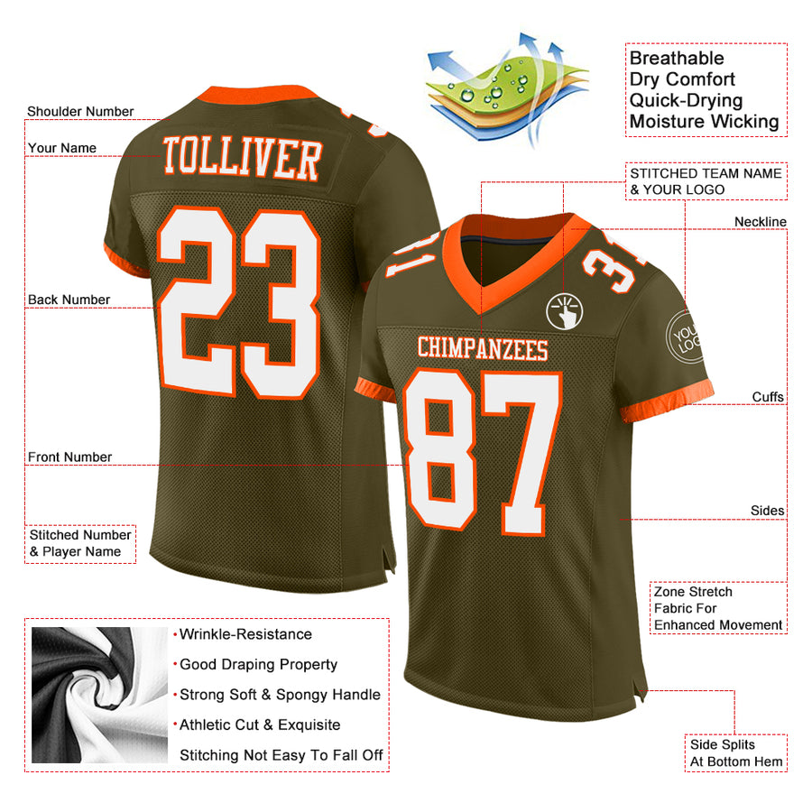 Custom Olive White-Orange Mesh Authentic Salute To Service Football Jersey