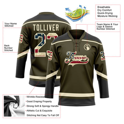 Custom Olive Vintage USA Flag Cream-Black Salute To Service Hockey Lace Neck Jersey