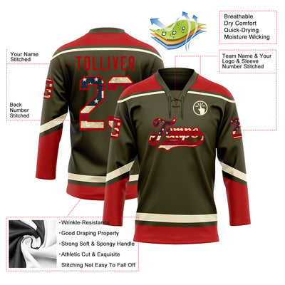 Custom Olive Vintage USA Flag Red-Cream Salute To Service Hockey Lace Neck Jersey