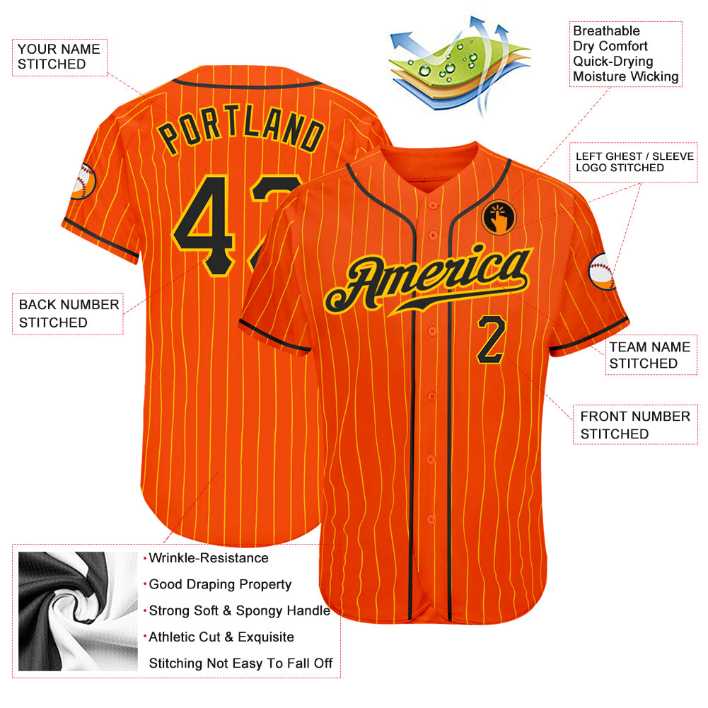 Custom Orange Gold Pinstripe Black-Gold Authentic Baseball Jersey