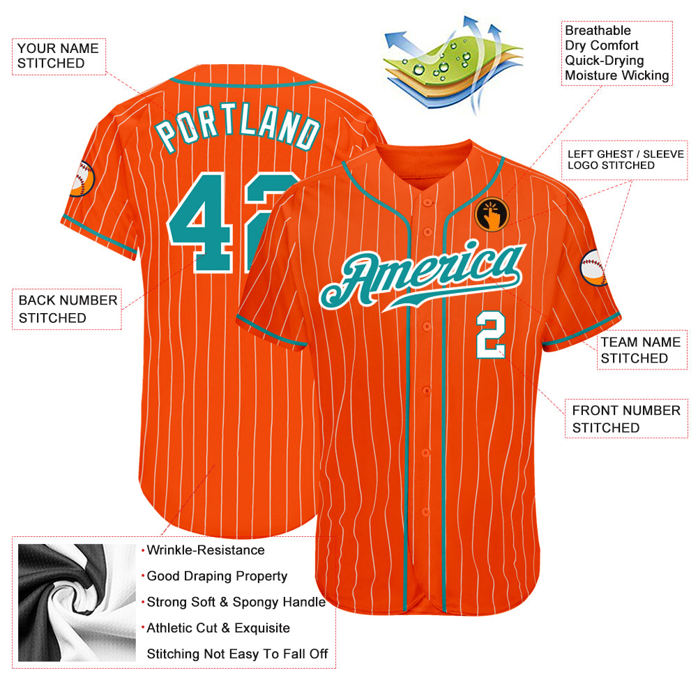 Custom Orange White Pinstripe Teal-White Authentic Baseball Jersey