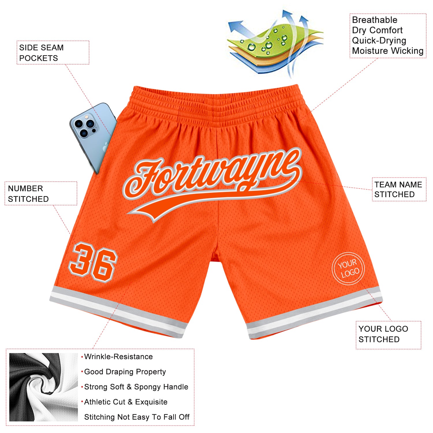 Custom Orange White-Gray Authentic Throwback Basketball Shorts