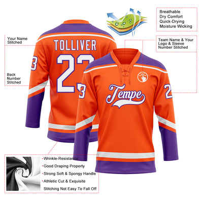 Custom Orange White-Purple Hockey Lace Neck Jersey