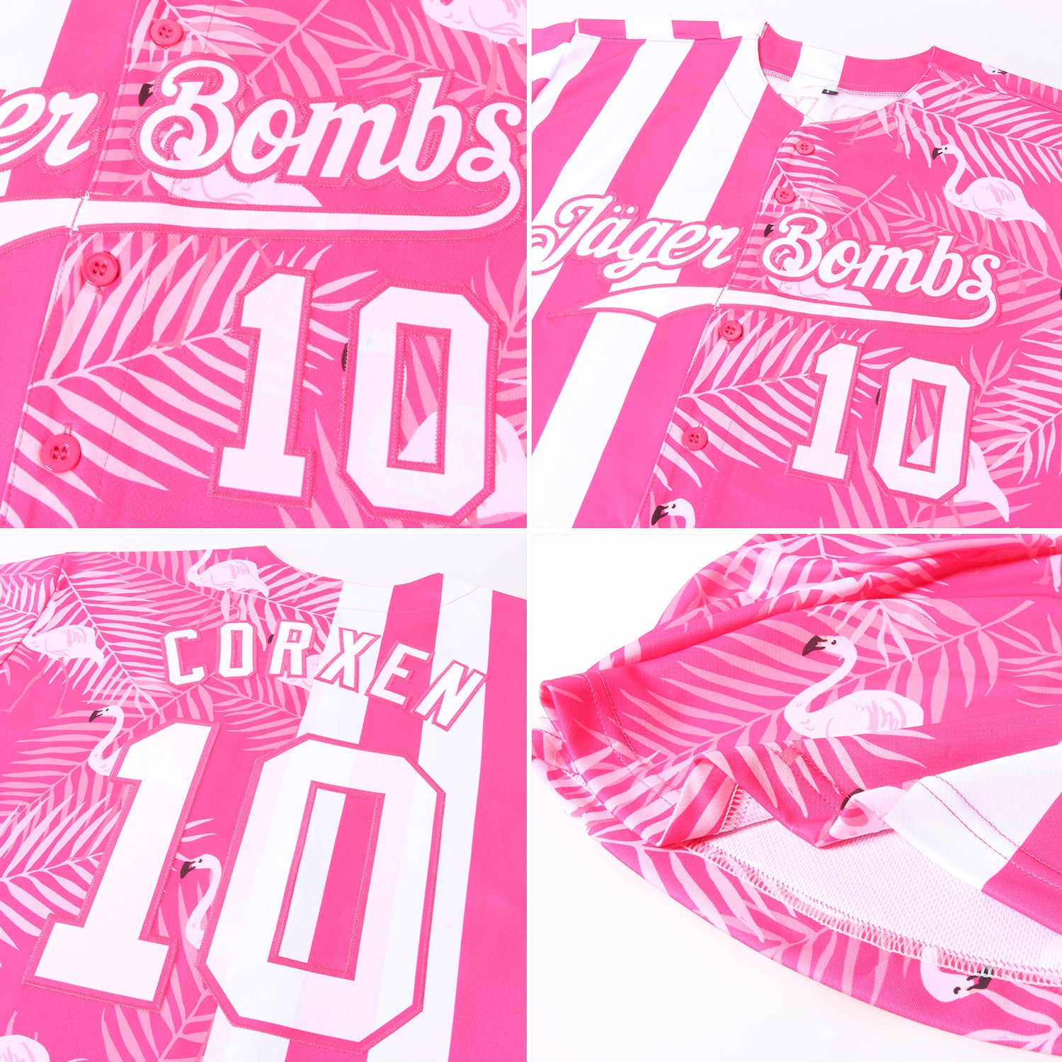 Custom Pink White 3D Pattern Design Tropical Palm Leaves And Famingo Authentic Baseball Jersey