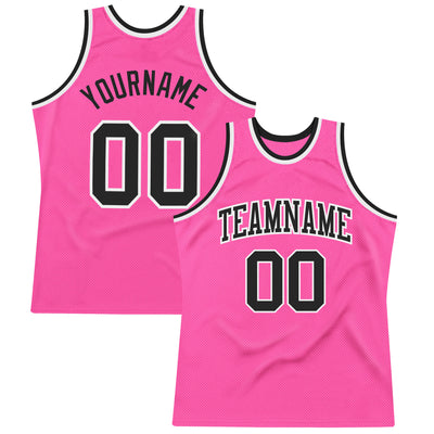 Custom Pink Black-White Authentic Throwback Basketball Jersey