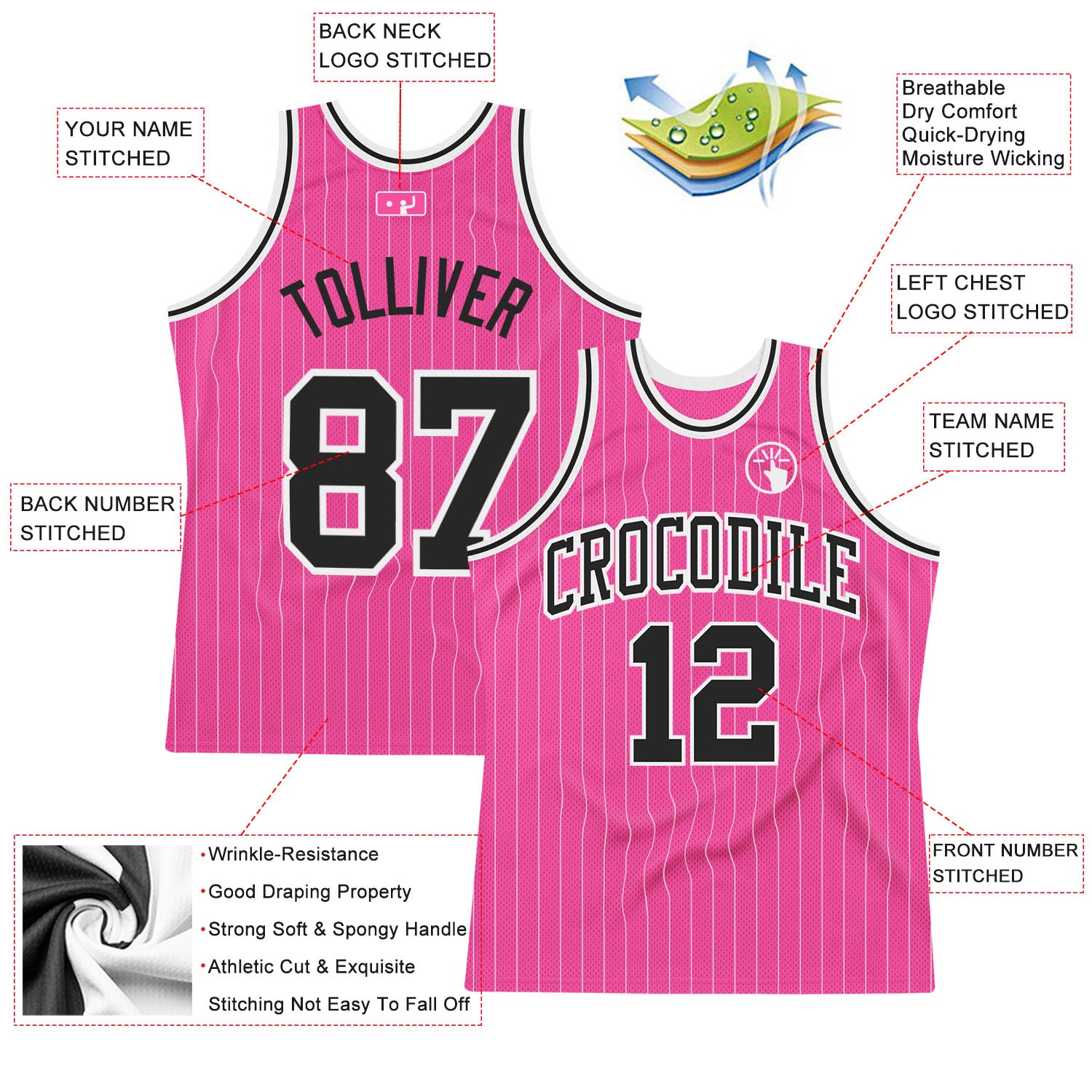 Custom Pink White Pinstripe Black-White Authentic Basketball Jersey