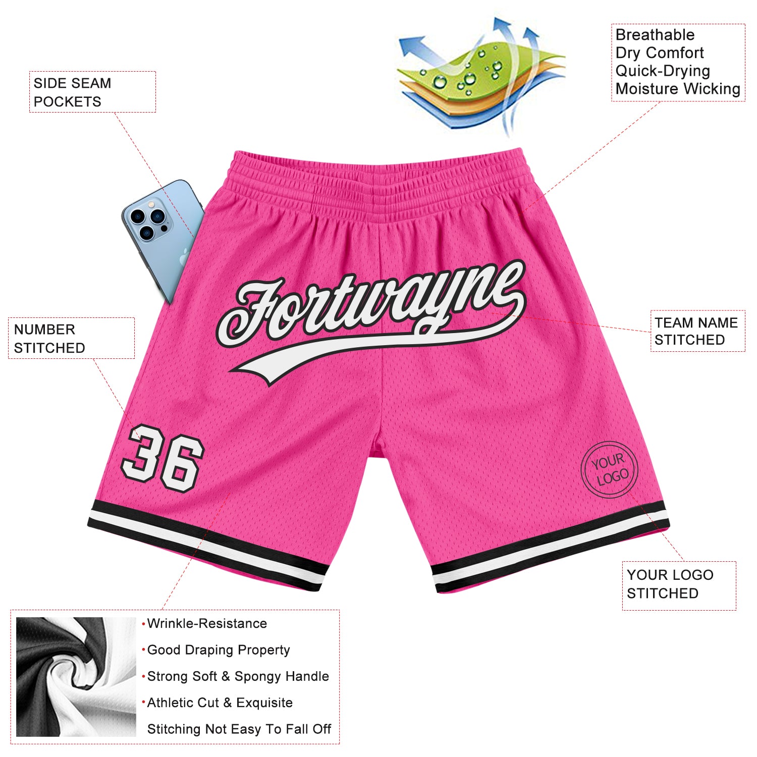 Custom Pink White-Black Authentic Throwback Basketball Shorts