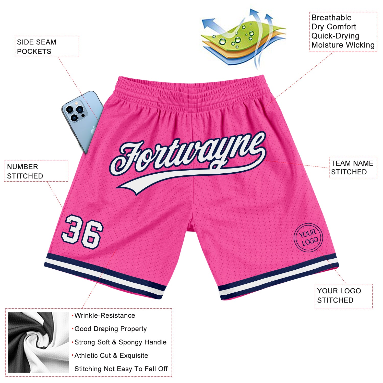 Custom Pink White-Navy Authentic Throwback Basketball Shorts