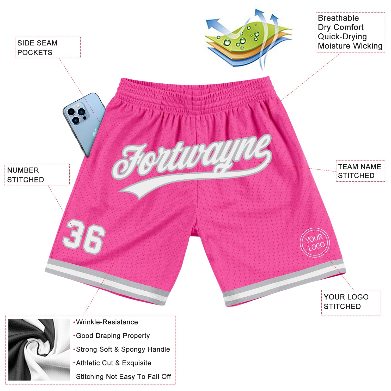 Custom Pink White-Gray Authentic Throwback Basketball Shorts
