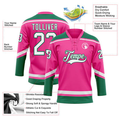 Custom Pink White-Kelly Green Hockey Lace Neck Jersey