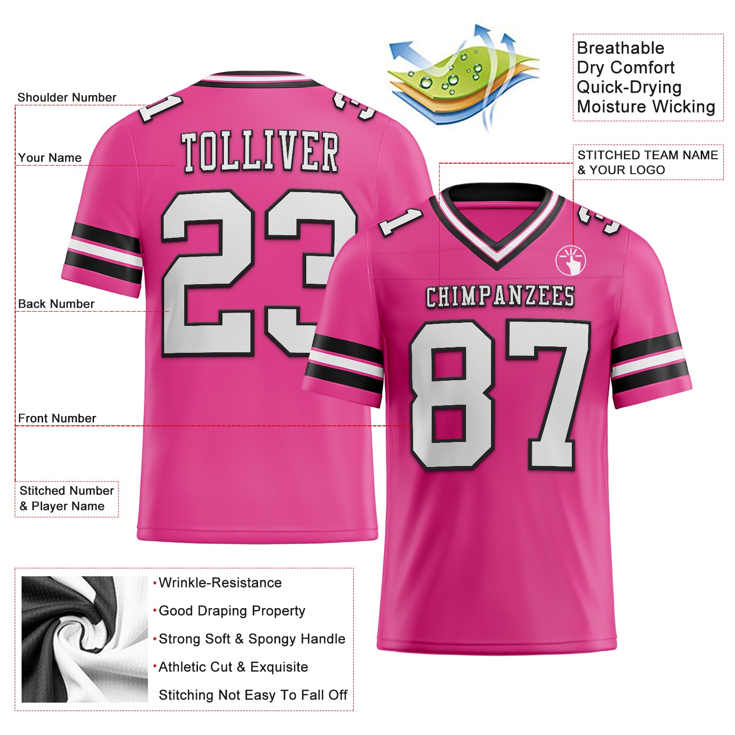 Custom Pink White-Black Authentic Football Jersey