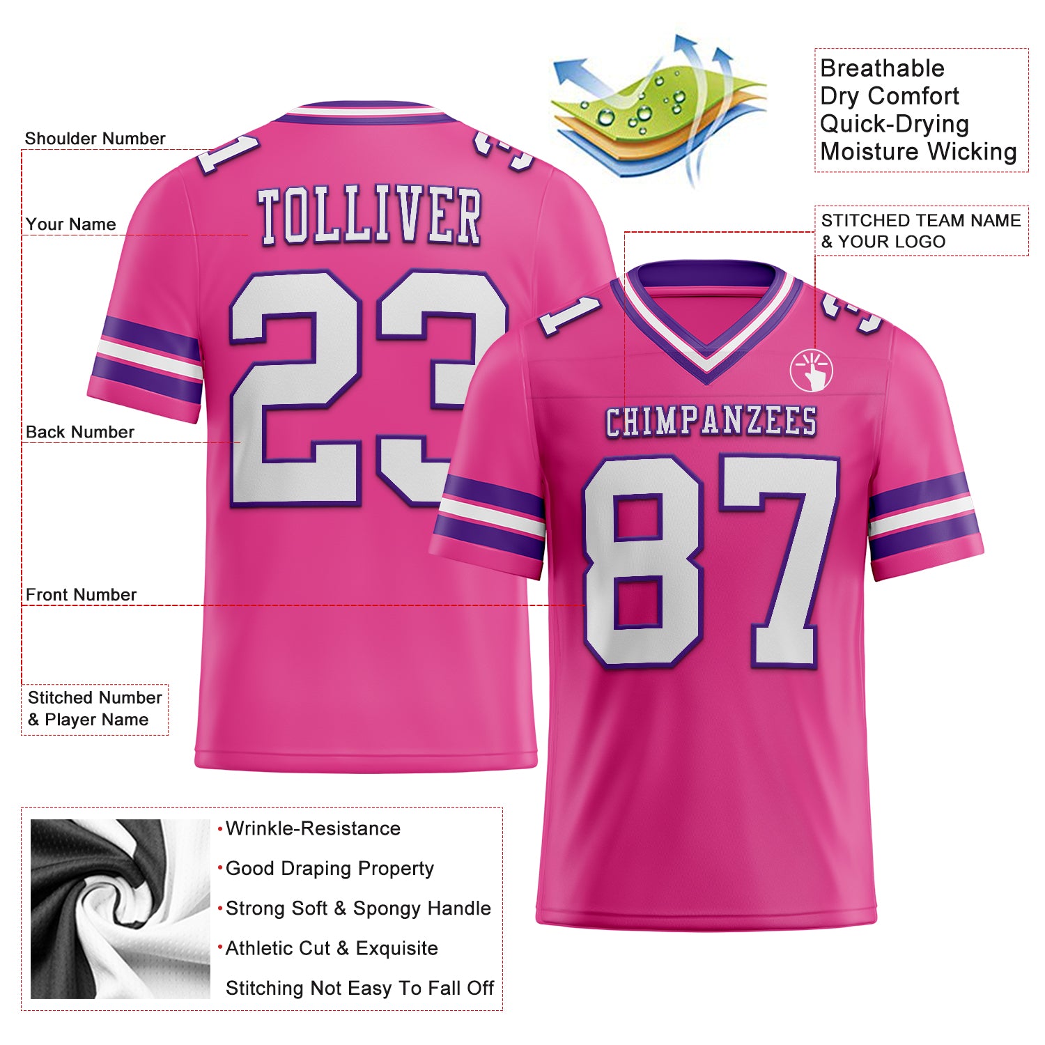 Custom Pink White-Purple Authentic Football Jersey