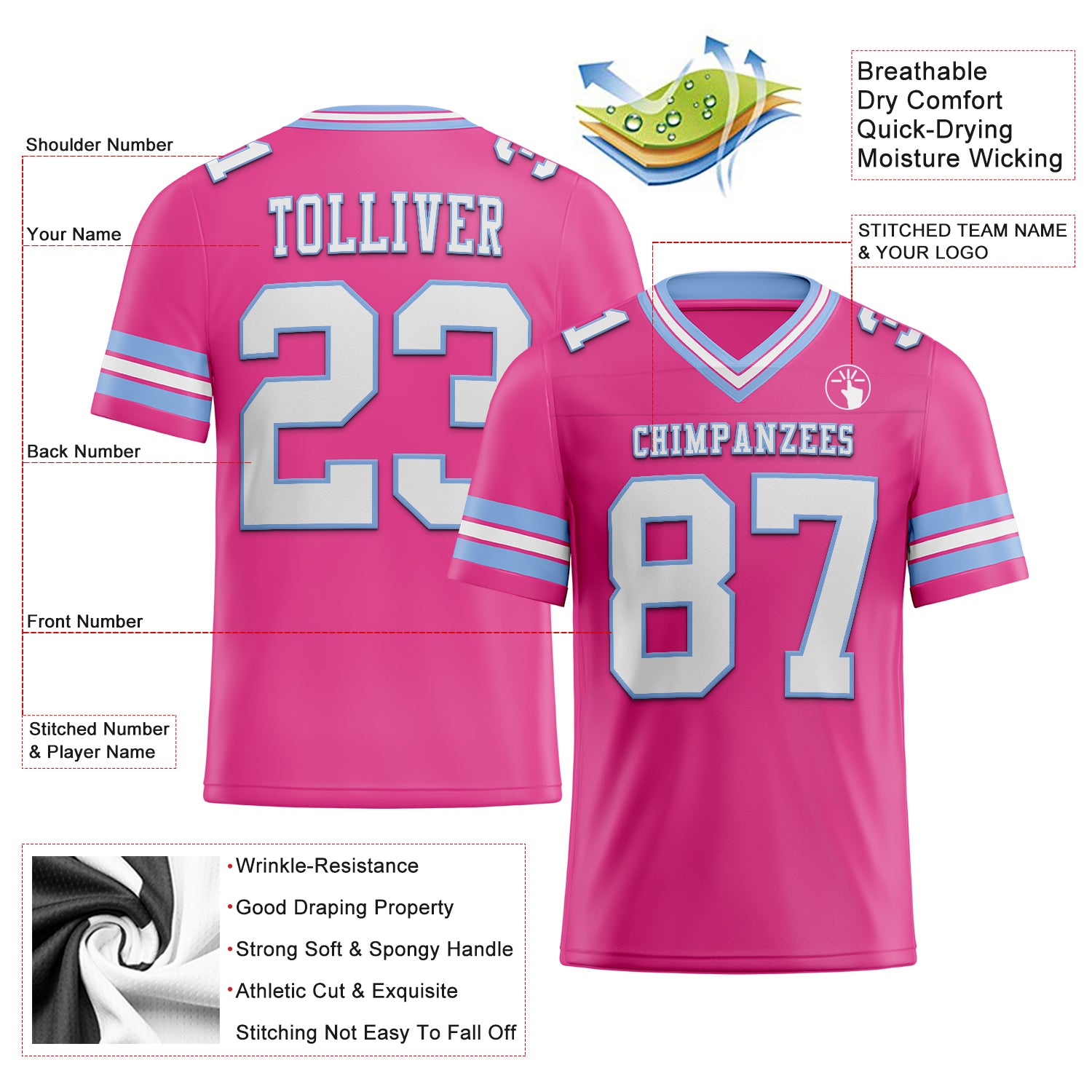Custom Pink White-Light Blue Authentic Football Jersey