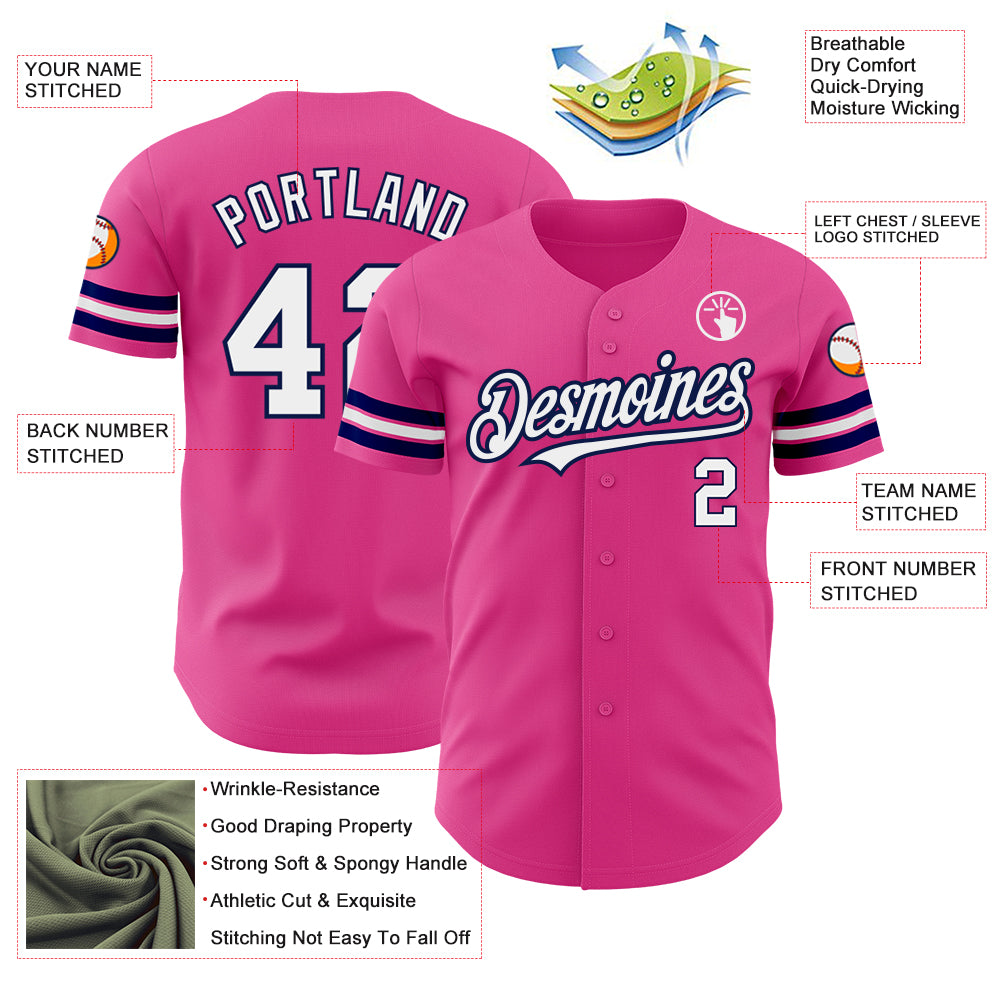 Custom Pink White-Navy Authentic Baseball Jersey