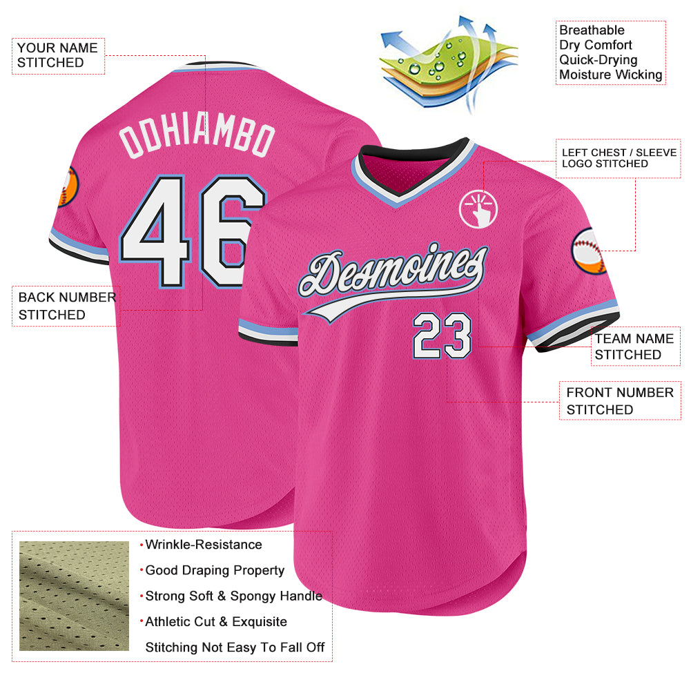 Custom Pink Black-Light Blue Authentic Throwback Baseball Jersey