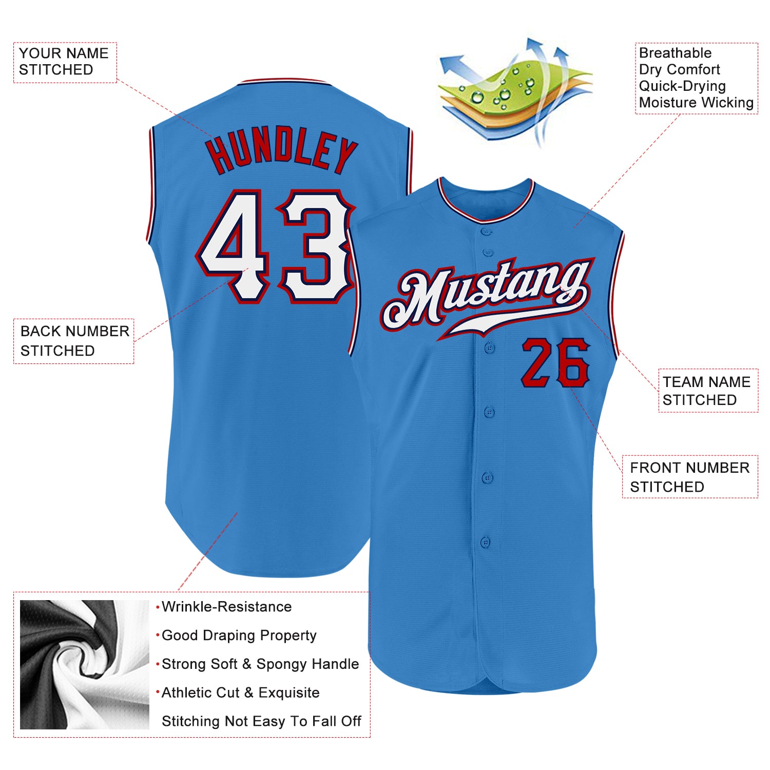 Custom Powder Blue White-Red Authentic Sleeveless Baseball Jersey