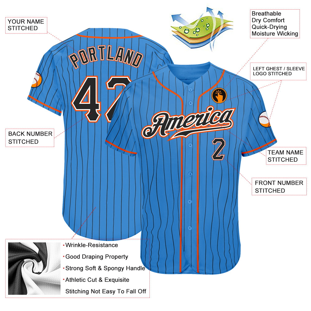 Custom Powder Blue Black Pinstripe Black-Orange Authentic Baseball Jersey