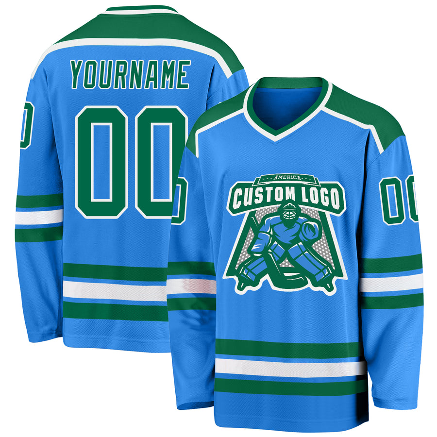 Custom Powder Blue Kelly Green-White Hockey Jersey