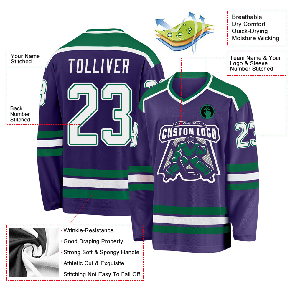 Custom Purple White-Kelly Green Hockey Jersey