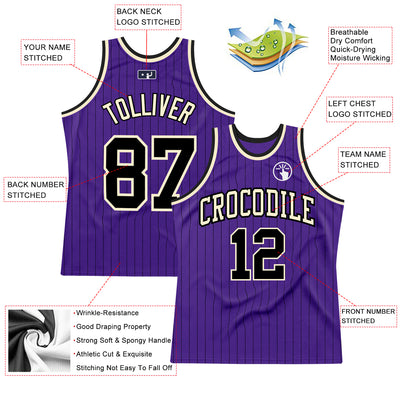 Custom Purple Black Pinstripe Black-Cream Authentic Basketball Jersey