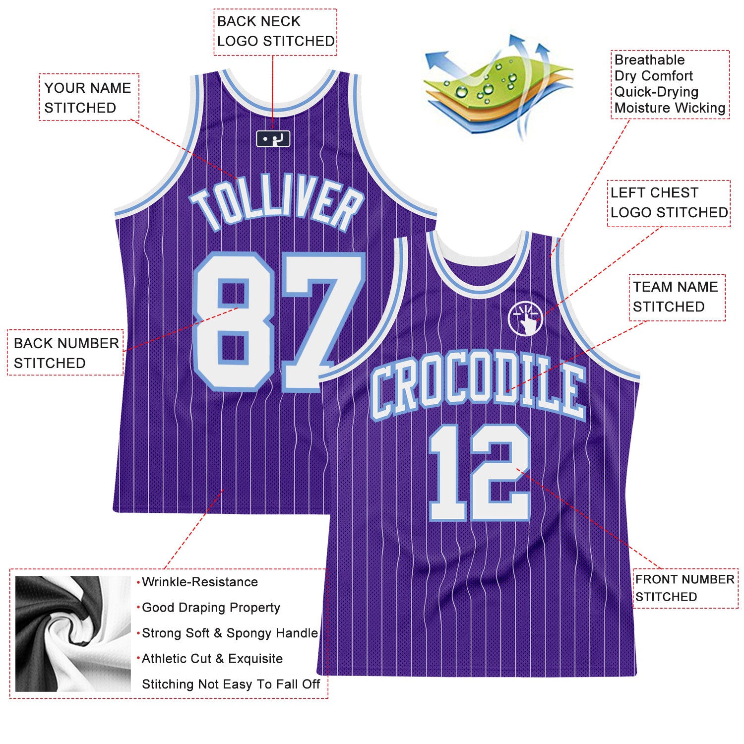 Custom Purple White Pinstripe White-Light Blue Authentic Basketball Jersey