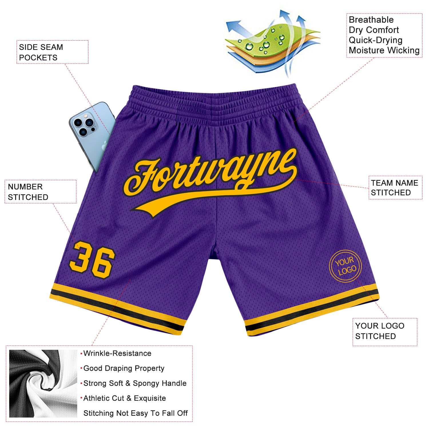 Custom Purple Gold-Black Authentic Throwback Basketball Shorts