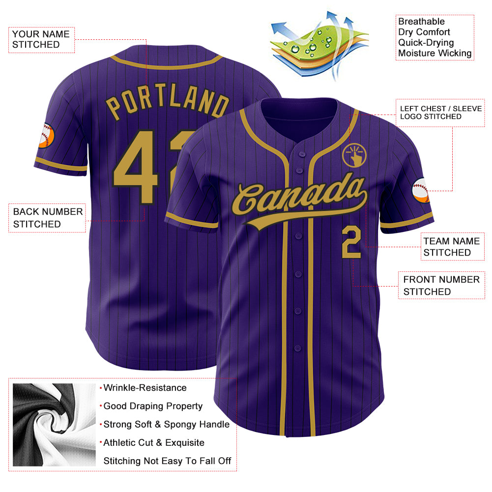 Custom Purple Black Pinstripe Old Gold Authentic Baseball Jersey
