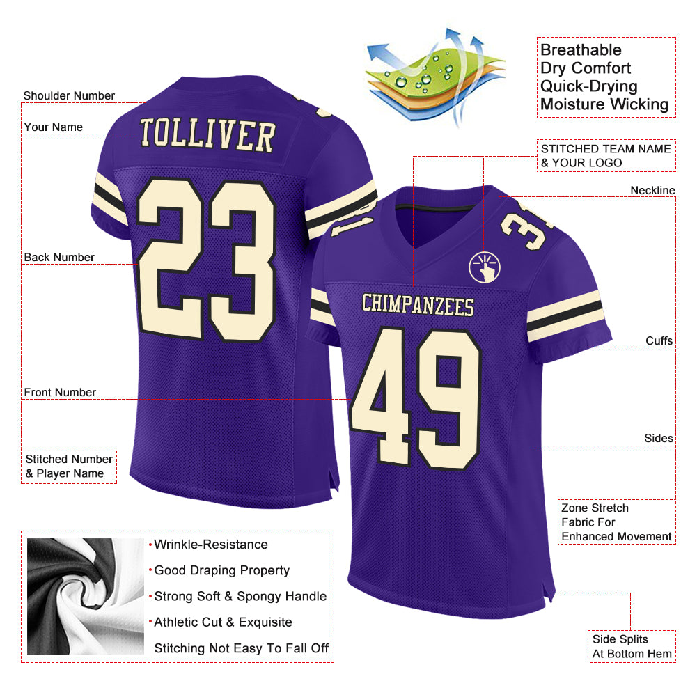 Custom Purple Cream-Black Mesh Authentic Football Jersey