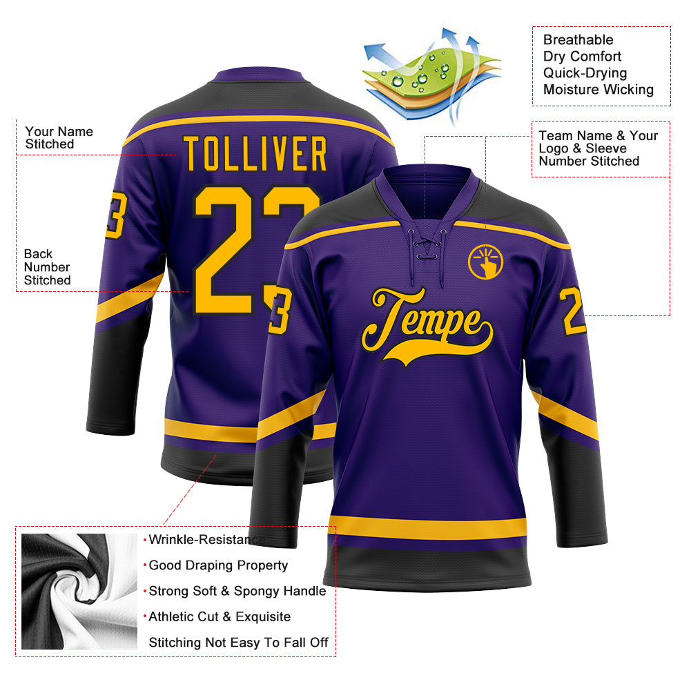 Custom Purple Gold-Black Hockey Lace Neck Jersey