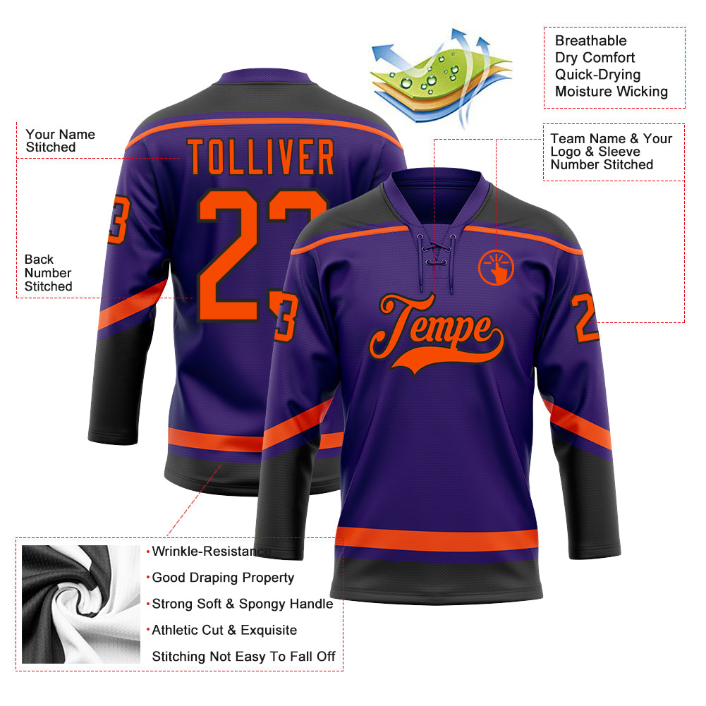Custom Purple Orange-Black Hockey Lace Neck Jersey