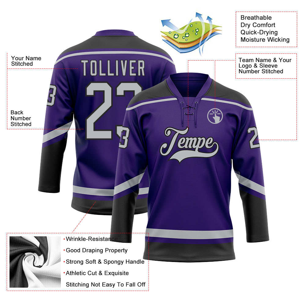 Custom Purple Gray-Black Hockey Lace Neck Jersey