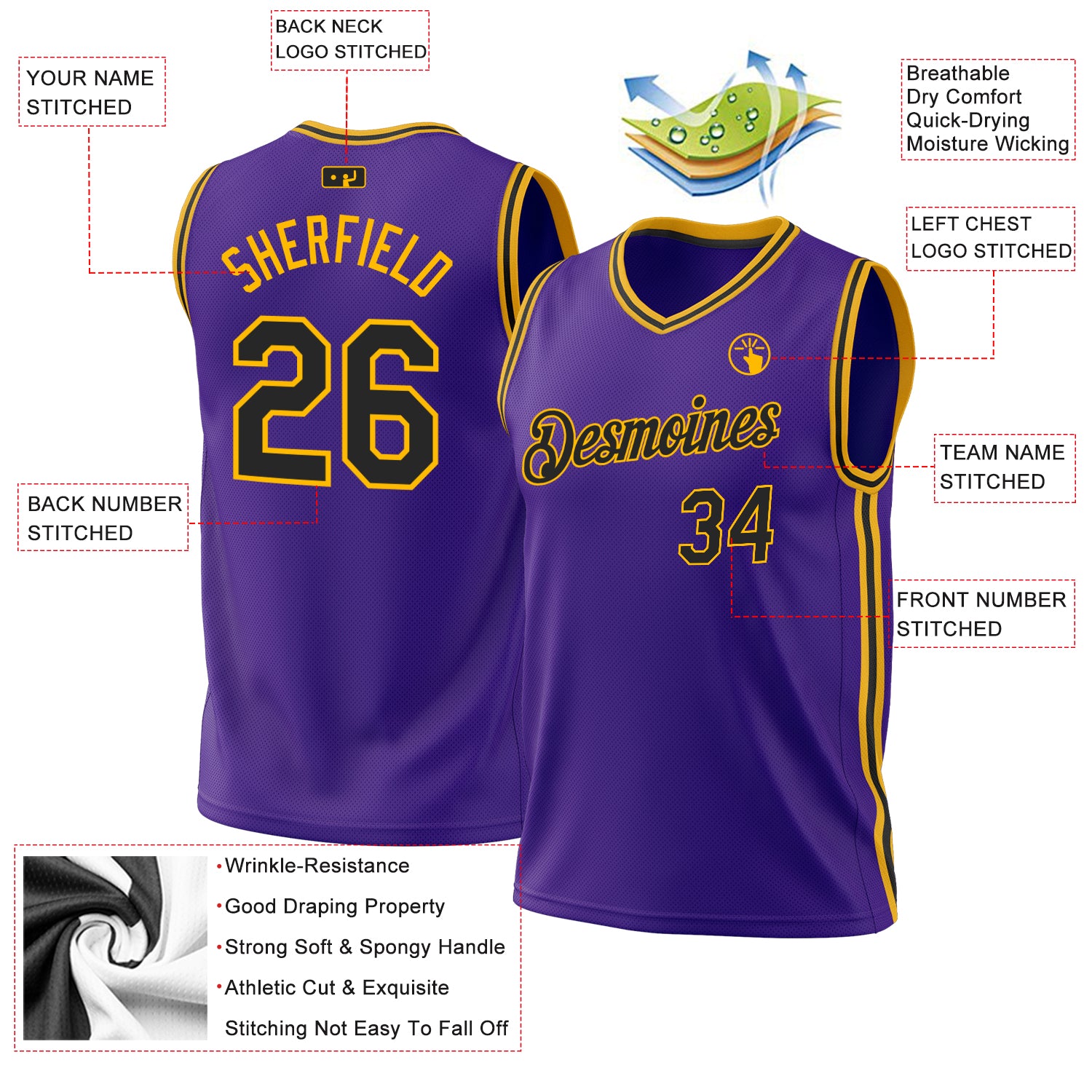 Custom Purple Black-Gold Authentic Throwback Basketball Jersey