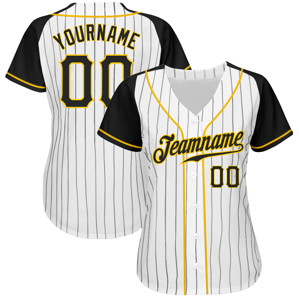 Custom White Black Pinstripe Black-Gold Authentic Raglan Sleeves Baseball Jersey