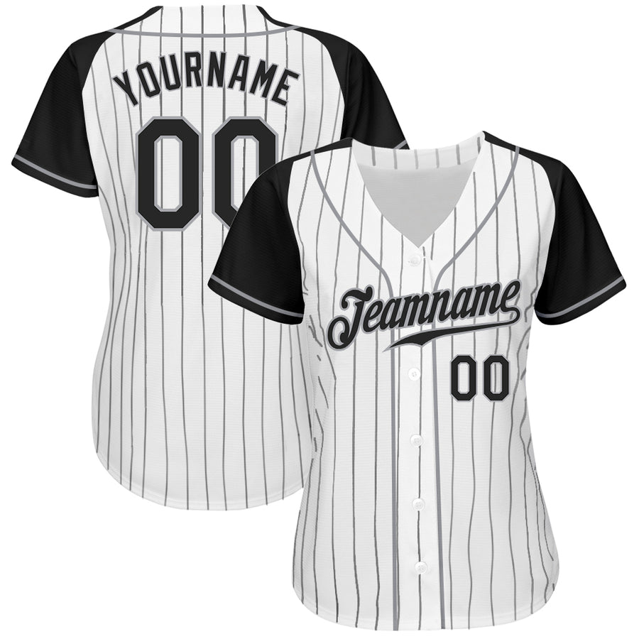 Custom White Black Pinstripe Black-Gray Authentic Raglan Sleeves Baseball Jersey