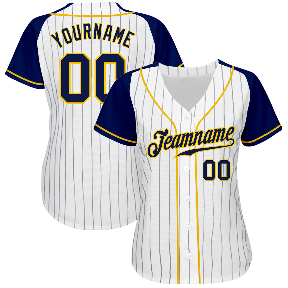 Custom White Navy Pinstripe Navy-Gold Authentic Raglan Sleeves Baseball Jersey