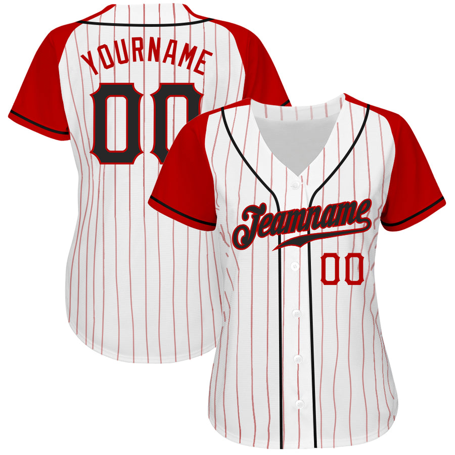 Custom White Red Pinstripe Black-Red Authentic Raglan Sleeves Baseball Jersey