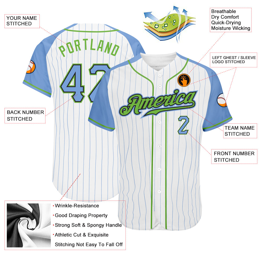 Custom White Light Blue Pinstripe Light Blue-Neon Green Authentic Raglan Sleeves Baseball Jersey