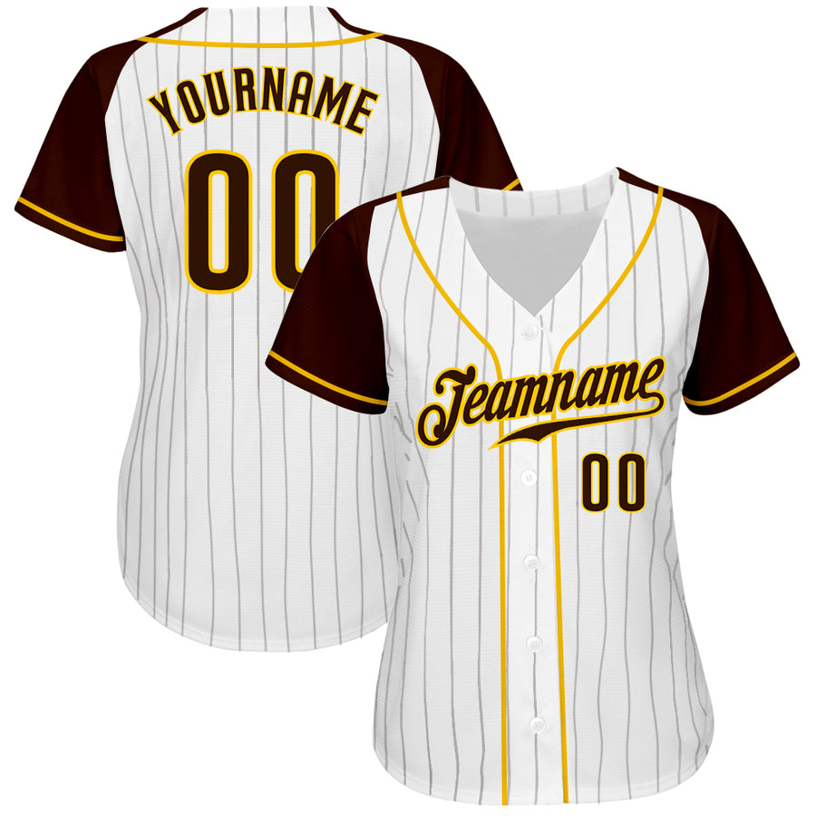 Custom White Brown Pinstripe Brown-Gold Authentic Raglan Sleeves Baseball Jersey
