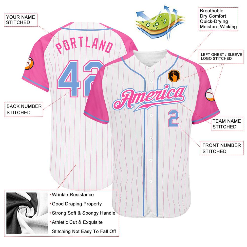 Custom White Pink Pinstripe Light Blue-Pink Authentic Raglan Sleeves Baseball Jersey
