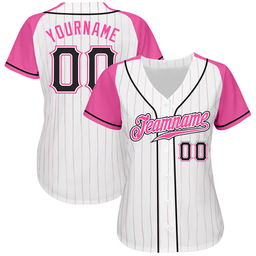 Custom White Pink Pinstripe Black-Pink Authentic Raglan Sleeves Baseball Jersey