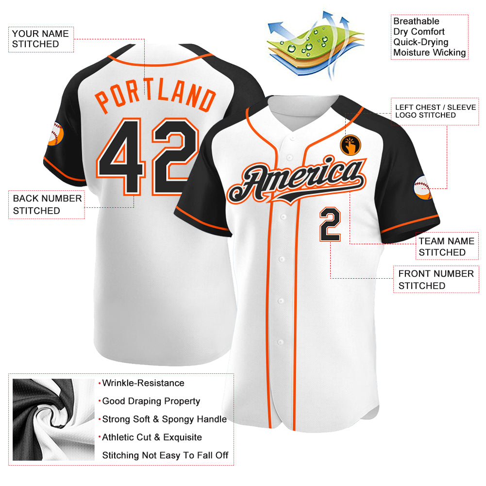 Custom White Black-Orange Authentic Raglan Sleeves Baseball Jersey
