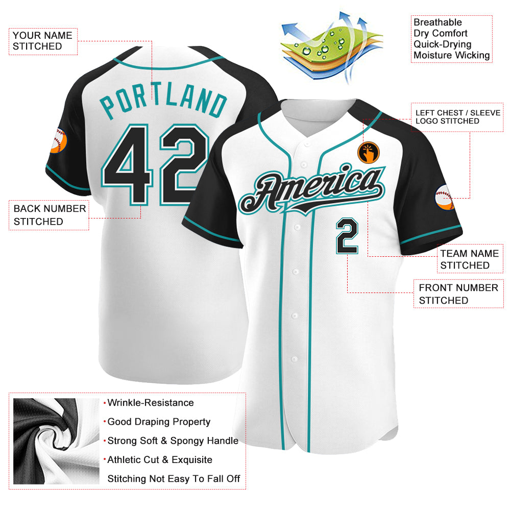 Custom White Black-Teal Authentic Raglan Sleeves Baseball Jersey