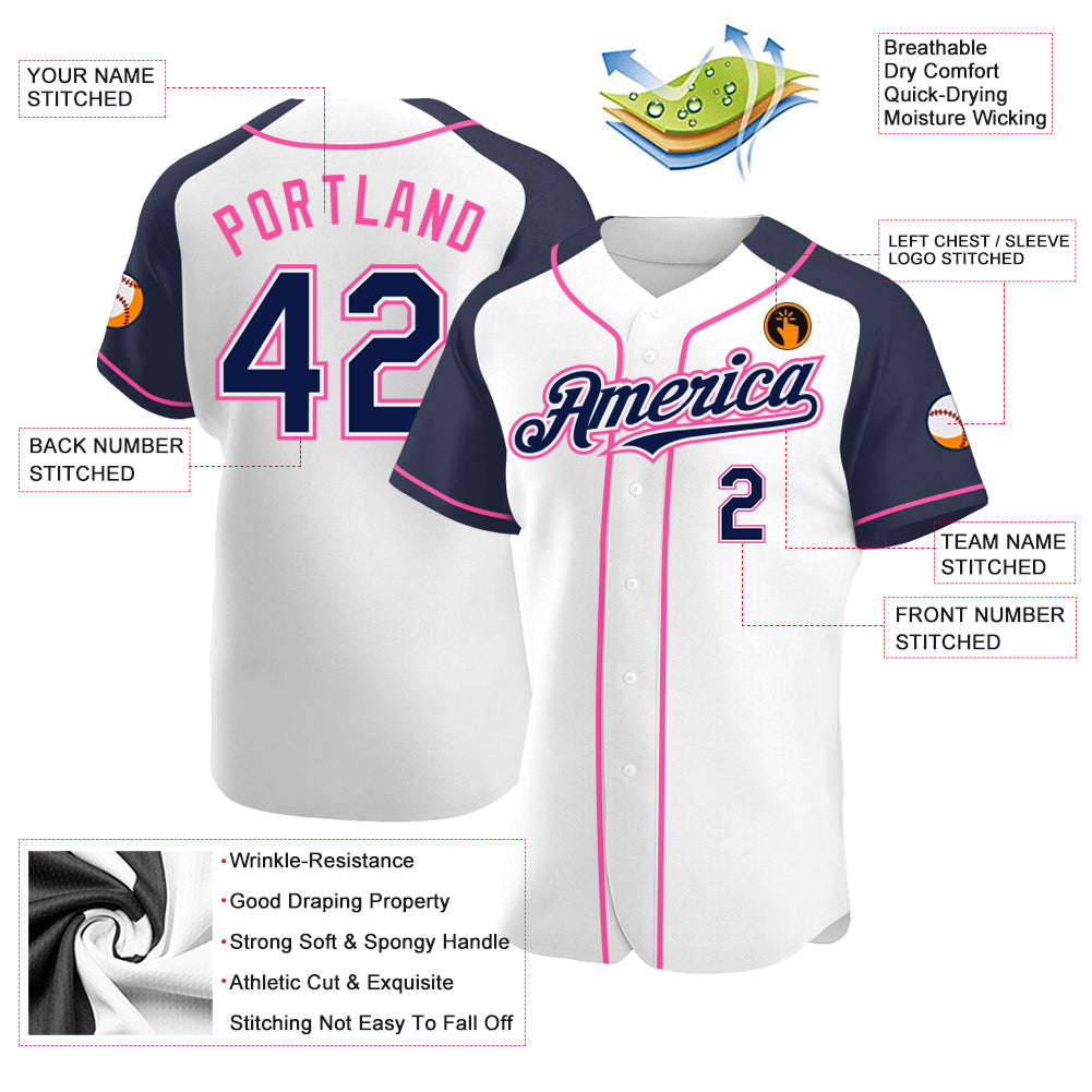 Custom White Navy-Pink Authentic Raglan Sleeves Baseball Jersey