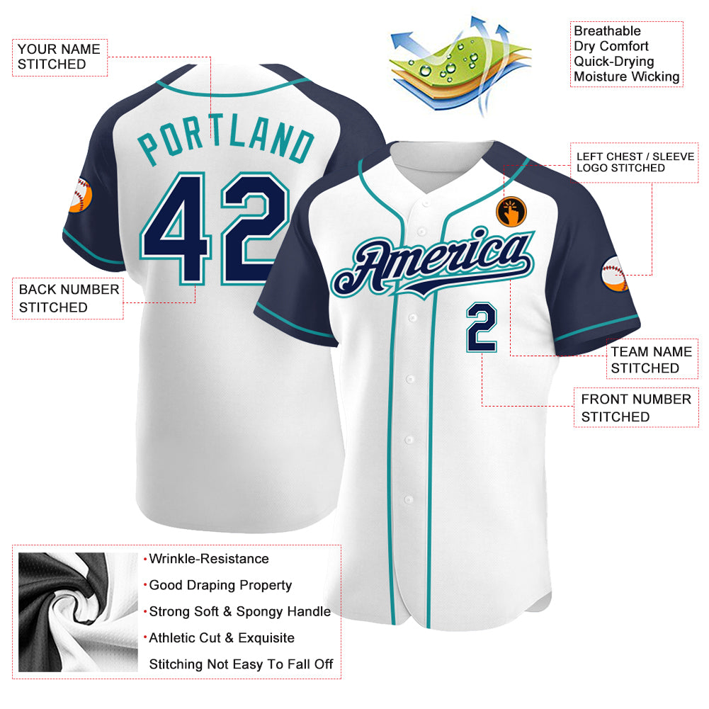 Custom White Navy-Teal Authentic Raglan Sleeves Baseball Jersey