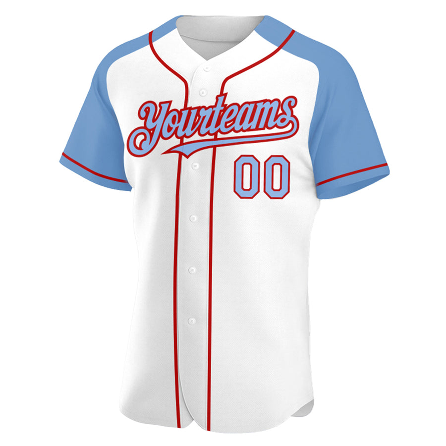 Custom White Light Blue-Red Authentic Raglan Sleeves Baseball Jersey