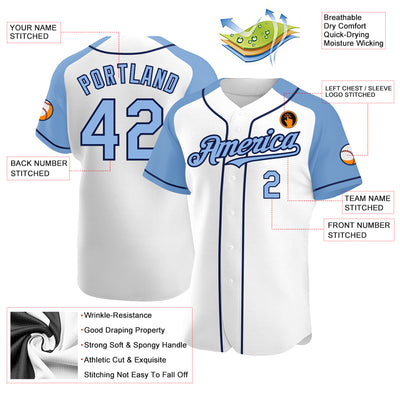 Custom White Light Blue-Navy Authentic Raglan Sleeves Baseball Jersey