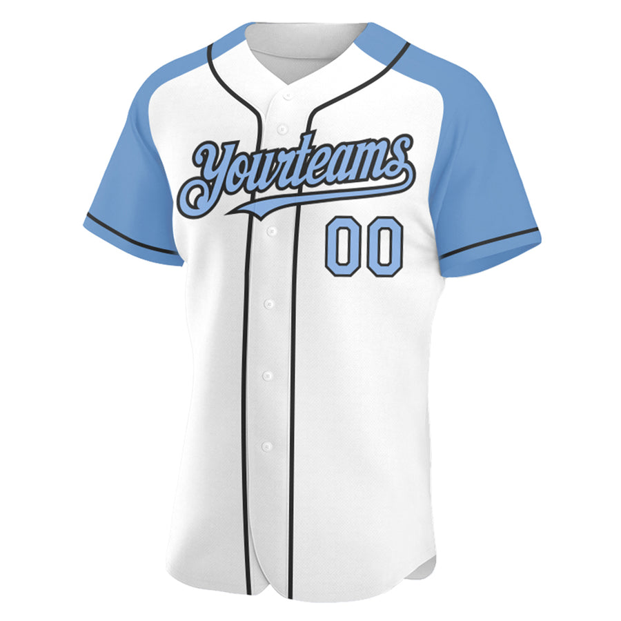 Custom White Light Blue-Black Authentic Raglan Sleeves Baseball Jersey