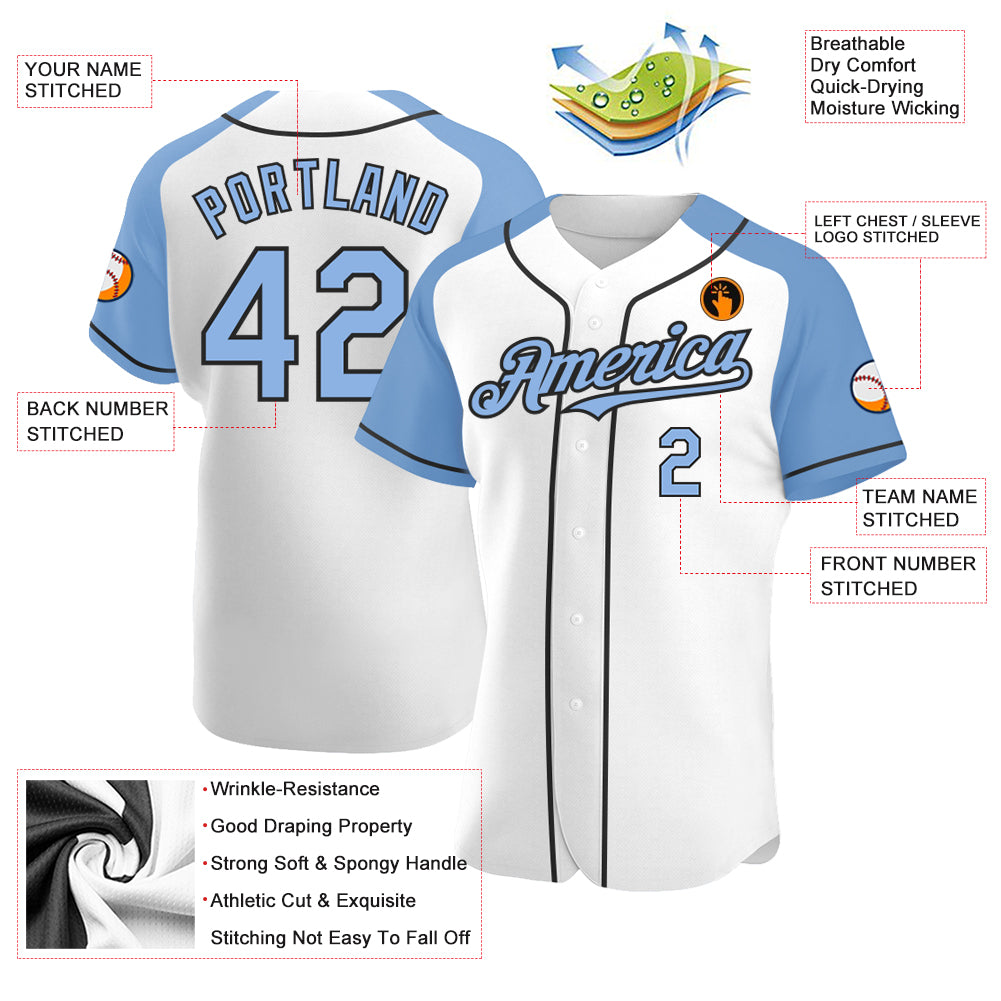 Custom White Light Blue-Black Authentic Raglan Sleeves Baseball Jersey