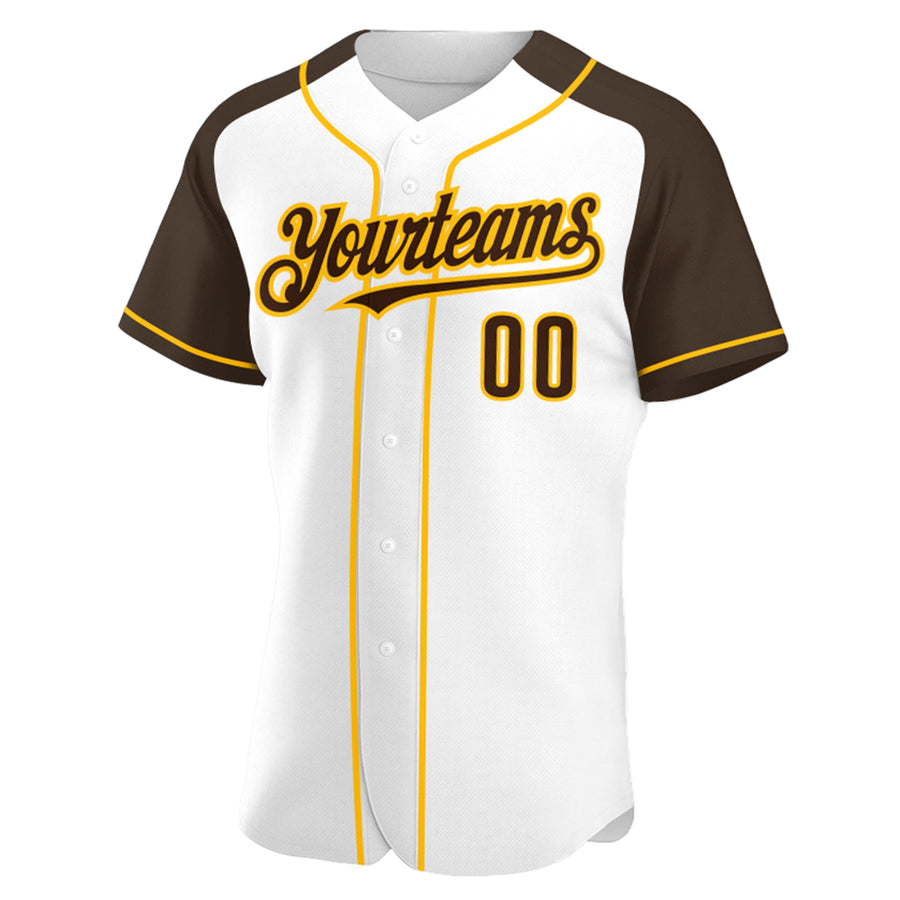 Custom White Brown-Gold Authentic Raglan Sleeves Baseball Jersey